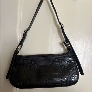 Black Croc-Texture Shoulder Bag